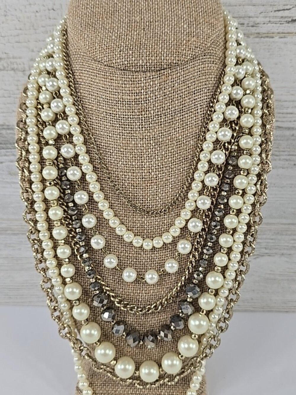 Ann Taylor Necklace Gold Tone White Faux Pearl Layered Bib Statement Jewelry 24"